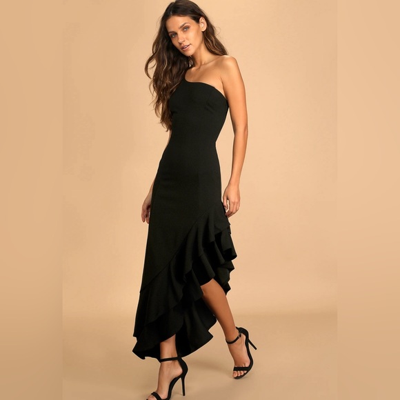 Lulus Steal a Glance Black One-Shoulder Asymmetrical Midi Dress - Picture 3 of 7